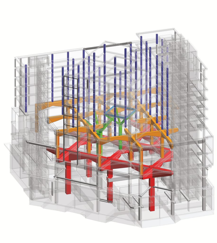 Grafton Architects, X-ray view of the Marshall Building showing structural transfer system