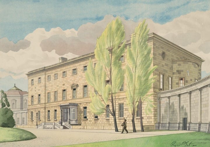 Watercolour view of the garden front of Leinster House by Raymond McGrath, 1941.