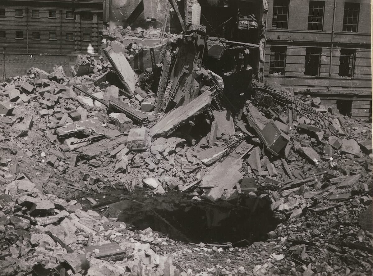 Black and white photograph showing the site of the explosion adjacent to the PROI building, Junly 1922, from the IAA Collections.
