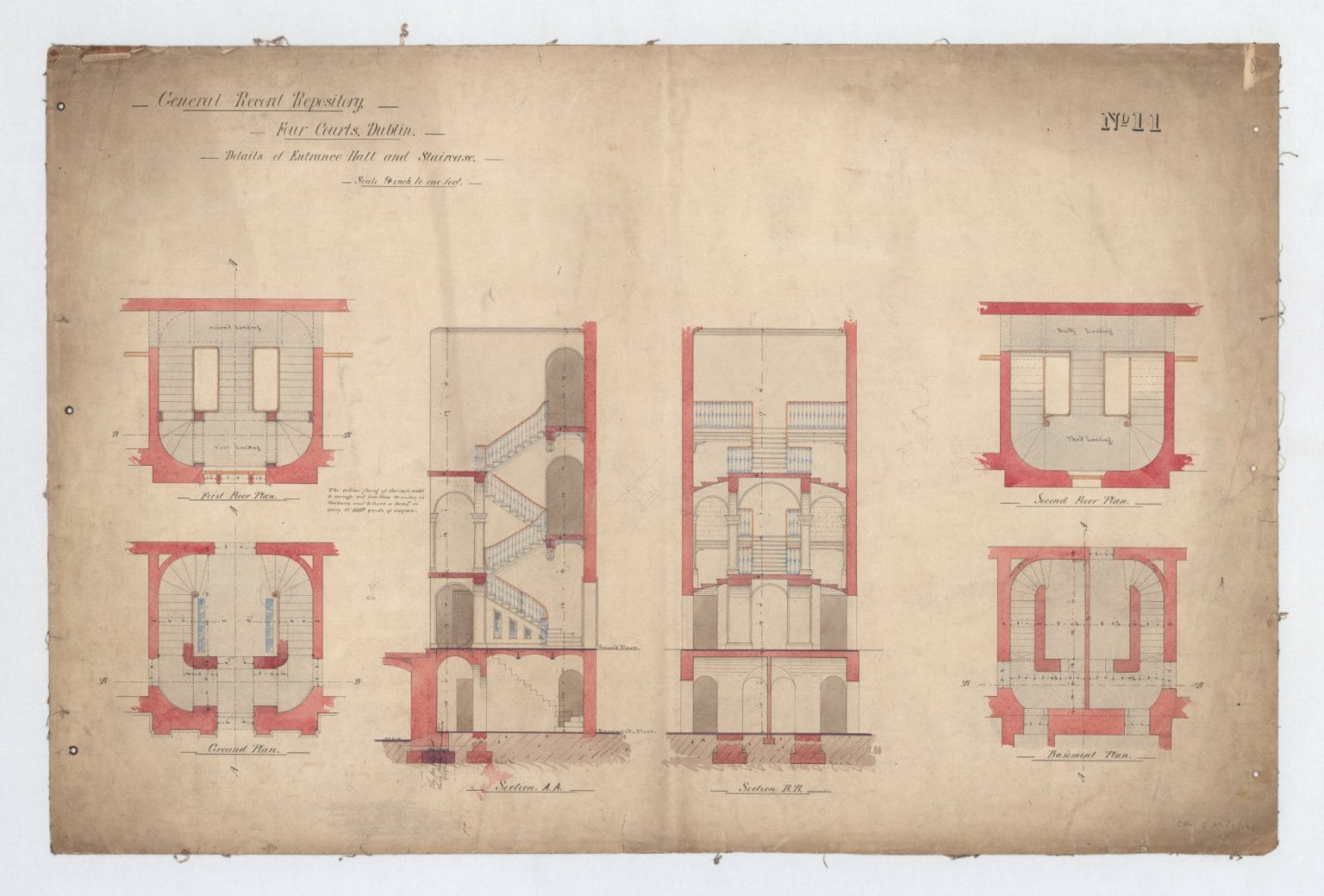 Architectrual drawings showing details of entrance hall and staircase, General Records Repository, Four Courts, Dublin, from hte OPW Collection, National Archives iof Ireland, 1864