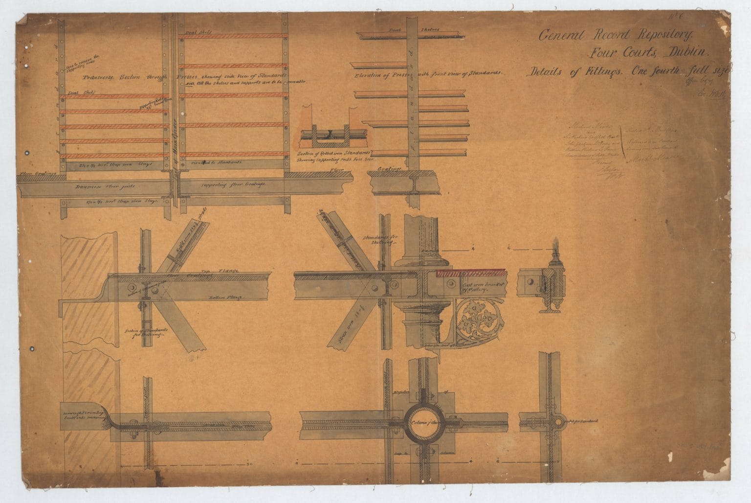 Architectural drawing showing details of ironwork for windows, General Records Repository, Four Courts, Dublin, from the OPW Collection in the National Archives of Ireland ,1864