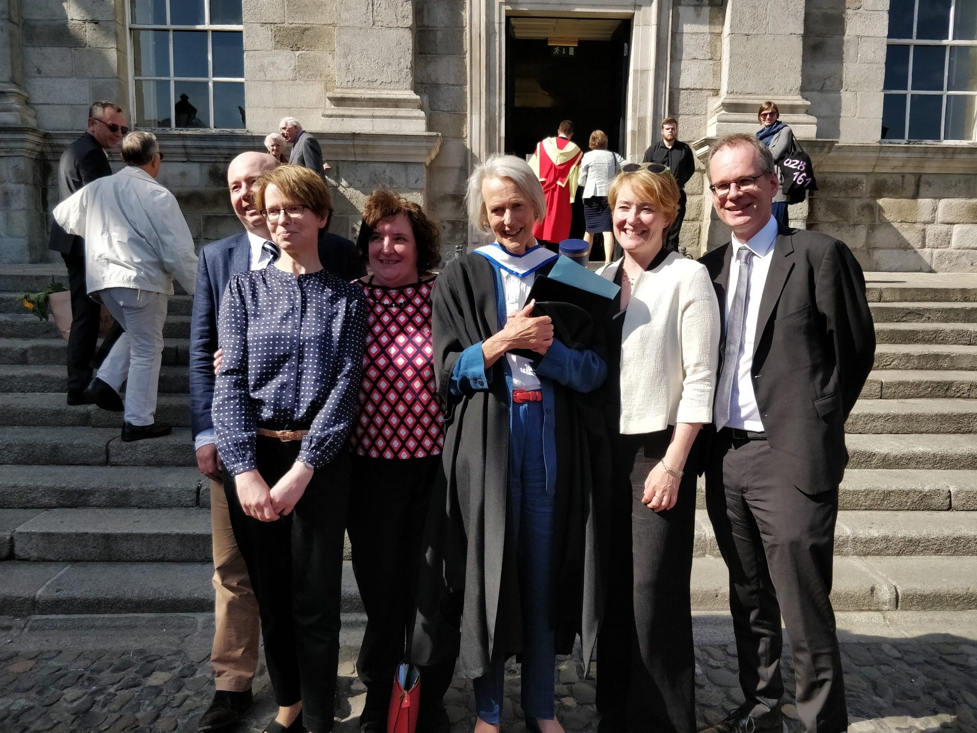 Ann Martha Rowan (centre) and the rest of the IAA staff in June 2018 on the occasion of the presentation to her of an honorary degree from Trinity College Dublin for her work on the Dictionary of Irish Architects.