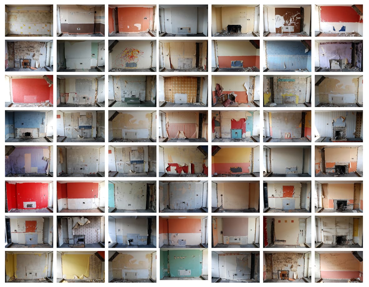 Composite grid view of miniature photographs showing derelict interior views of Chamber Court flats, Dublin, by Willem Heeffer, 2008.