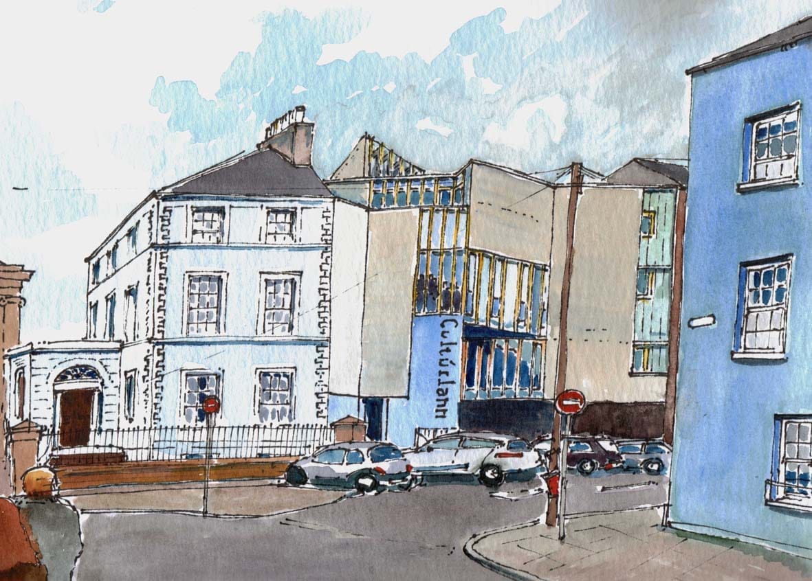 Watercolour view of Culturlann Arts Centre, Derry by Manus Deery.