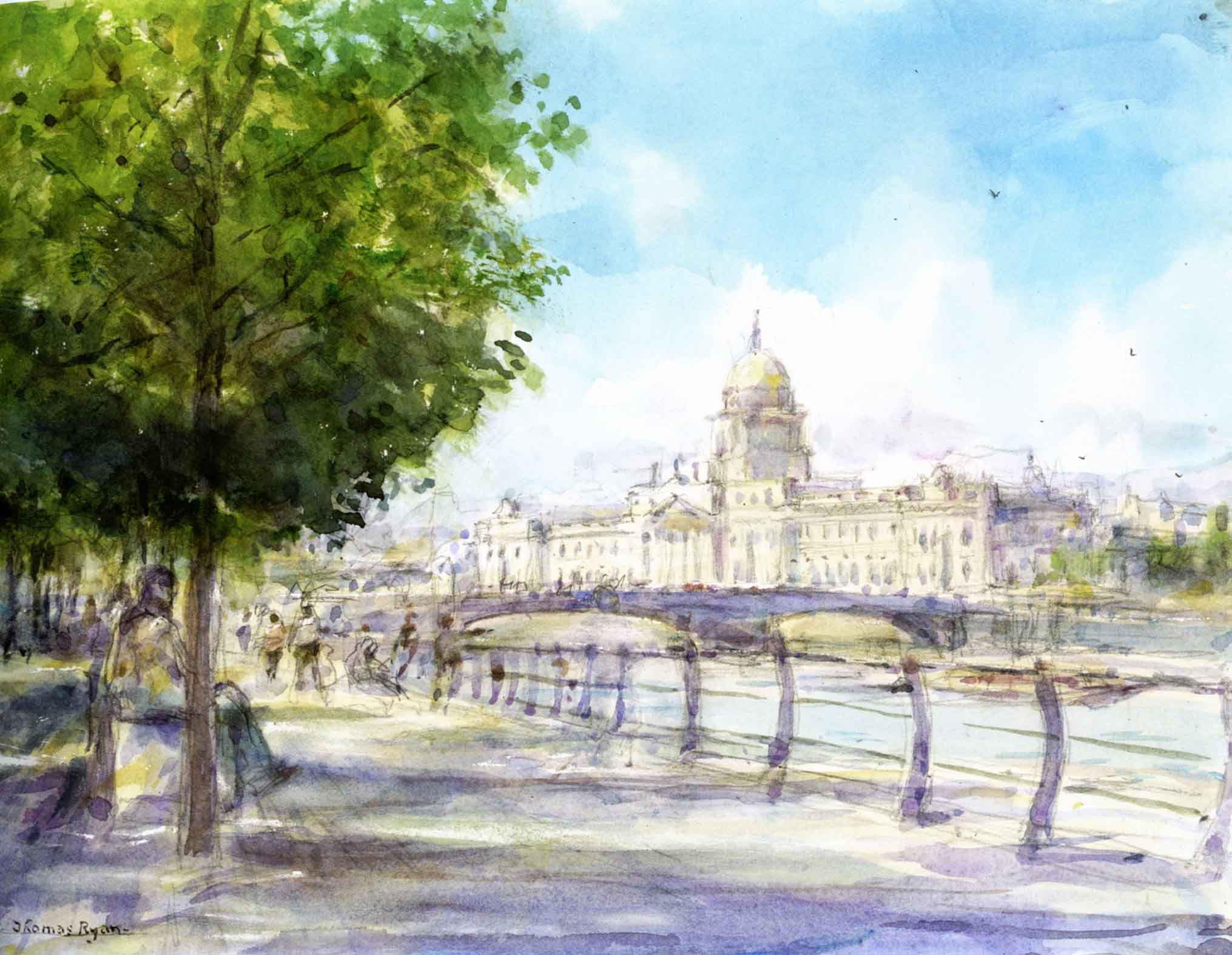 Watercolour painting showing James Gandon's Custom House with a tree in the foreground, and the River Liffey painted by Thomas Ryan RHA, in 2010
