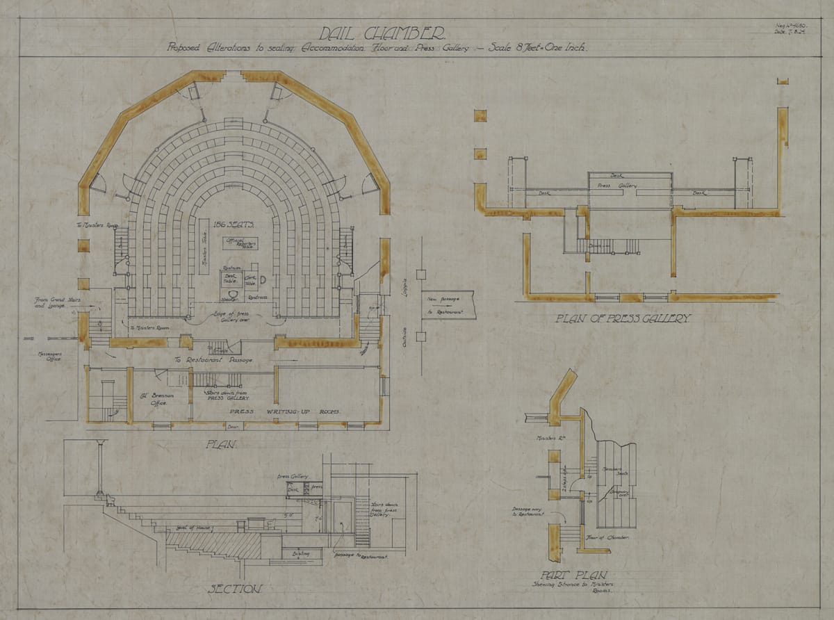 Dated 7 August 1924, this plan and section of the former RDS lecture theatre shows some of the works required to permanently convert it for use by Dáil Éireann.