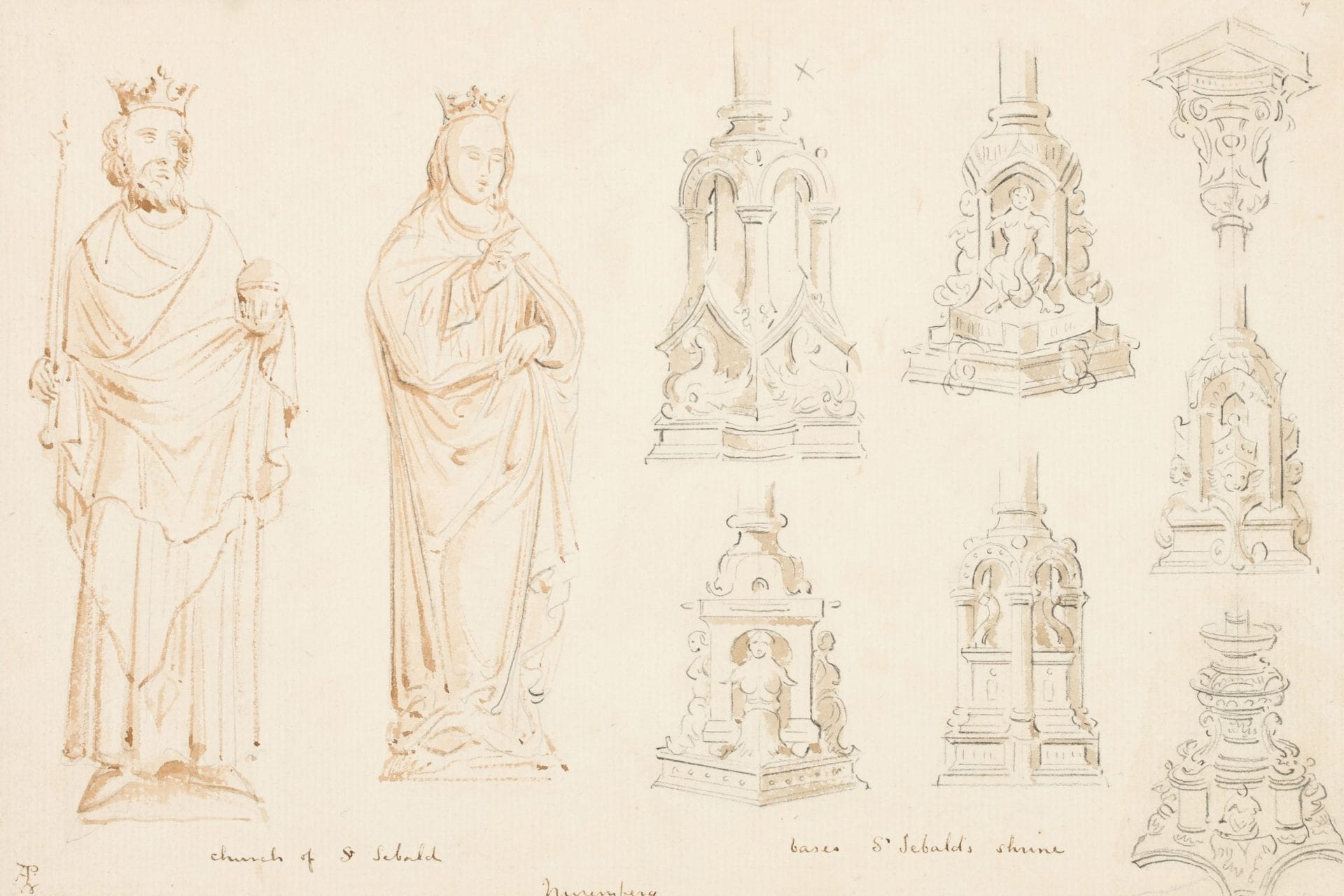 Drawing by Augustus Welby Pugin of statues and details of base of shrine. Church of St Sebald, Nuremberg