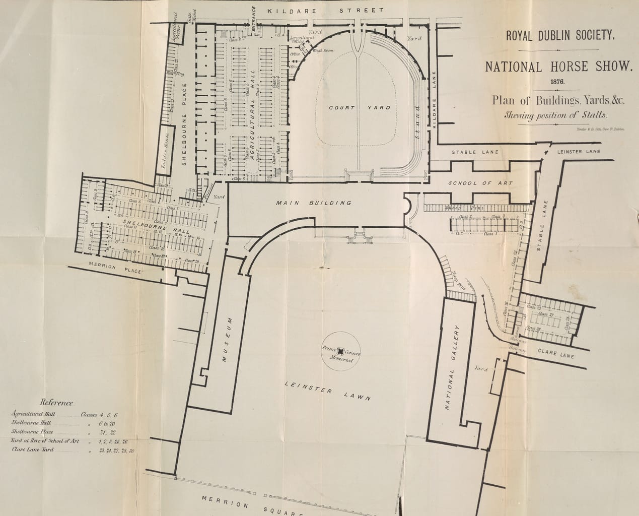 Printed plan showing the locations of the various stalls for the National Horse Show at Leinster House, Dublin, in 1876.