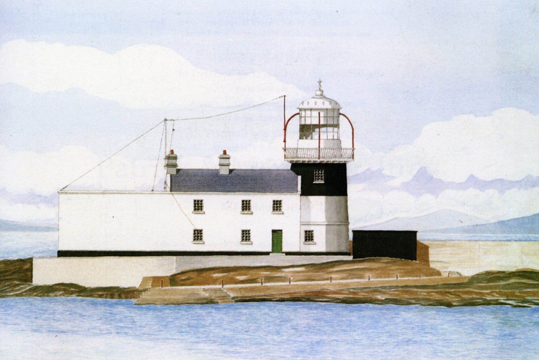 Watercolour drawing of Roancarrig Lighthouse, County Cork, by Maura Shaffrey, from the collection of the Irish Architectural Archive.