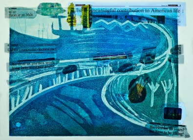 Engraving by Bronagh Lawson showing an abstracted view of the river Lagan in Belfast