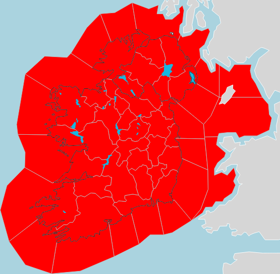 A map of Ireland colour red due to the Red Warning issued by Met Éireann because of Storm Éowyn.