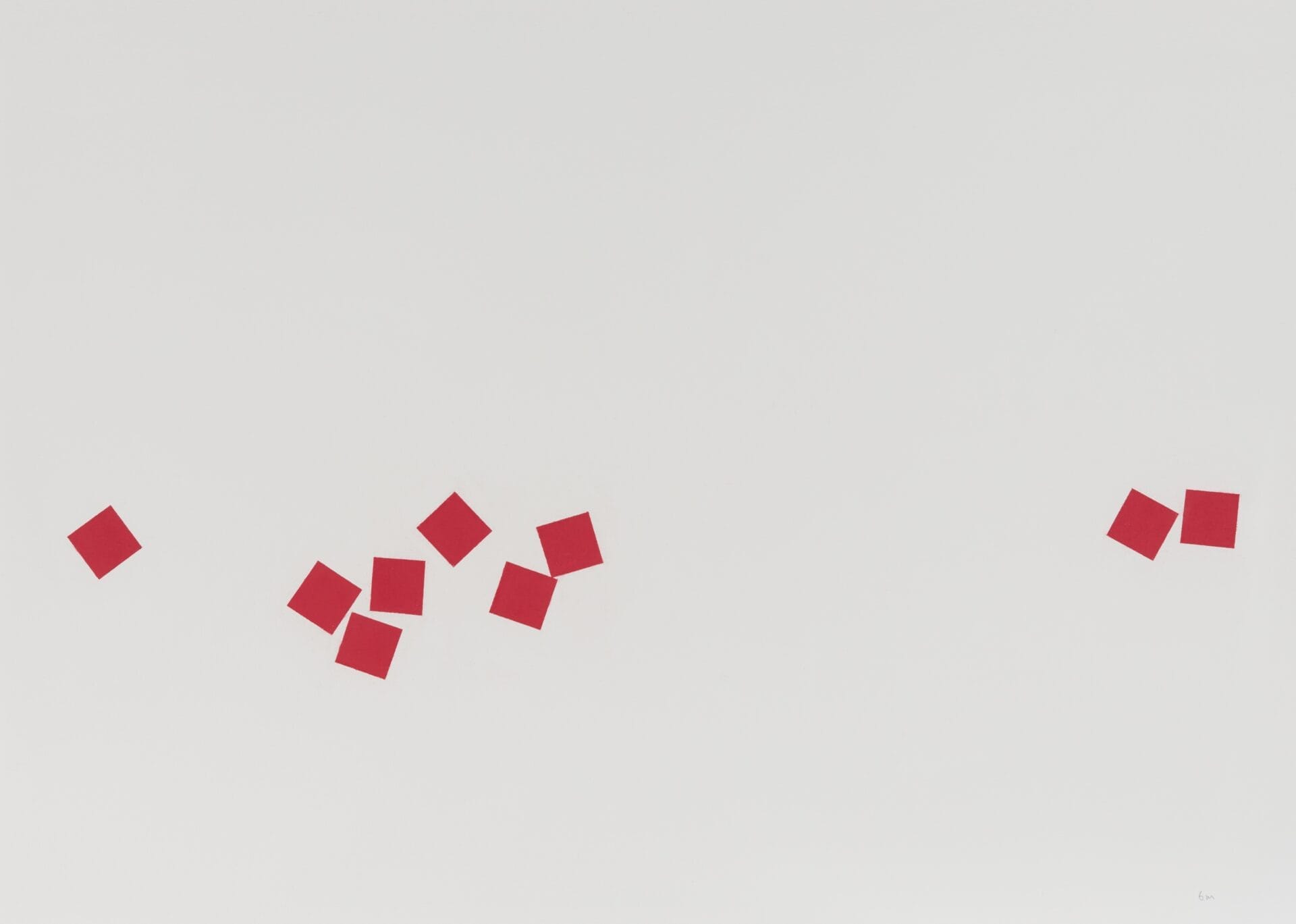 Abstract painting by Brendan Millar consisting of small res squares on a white ground.