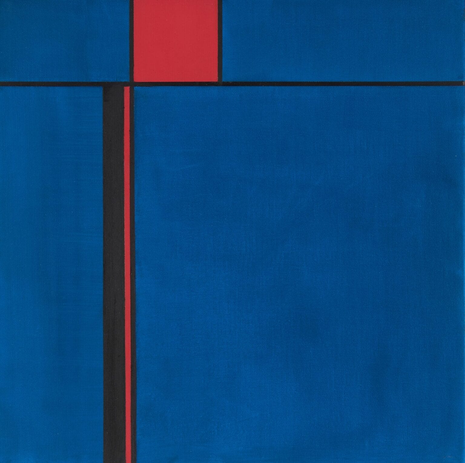 Abstract painting by Brendan Millar with red and white geometric elements against a blue ground.