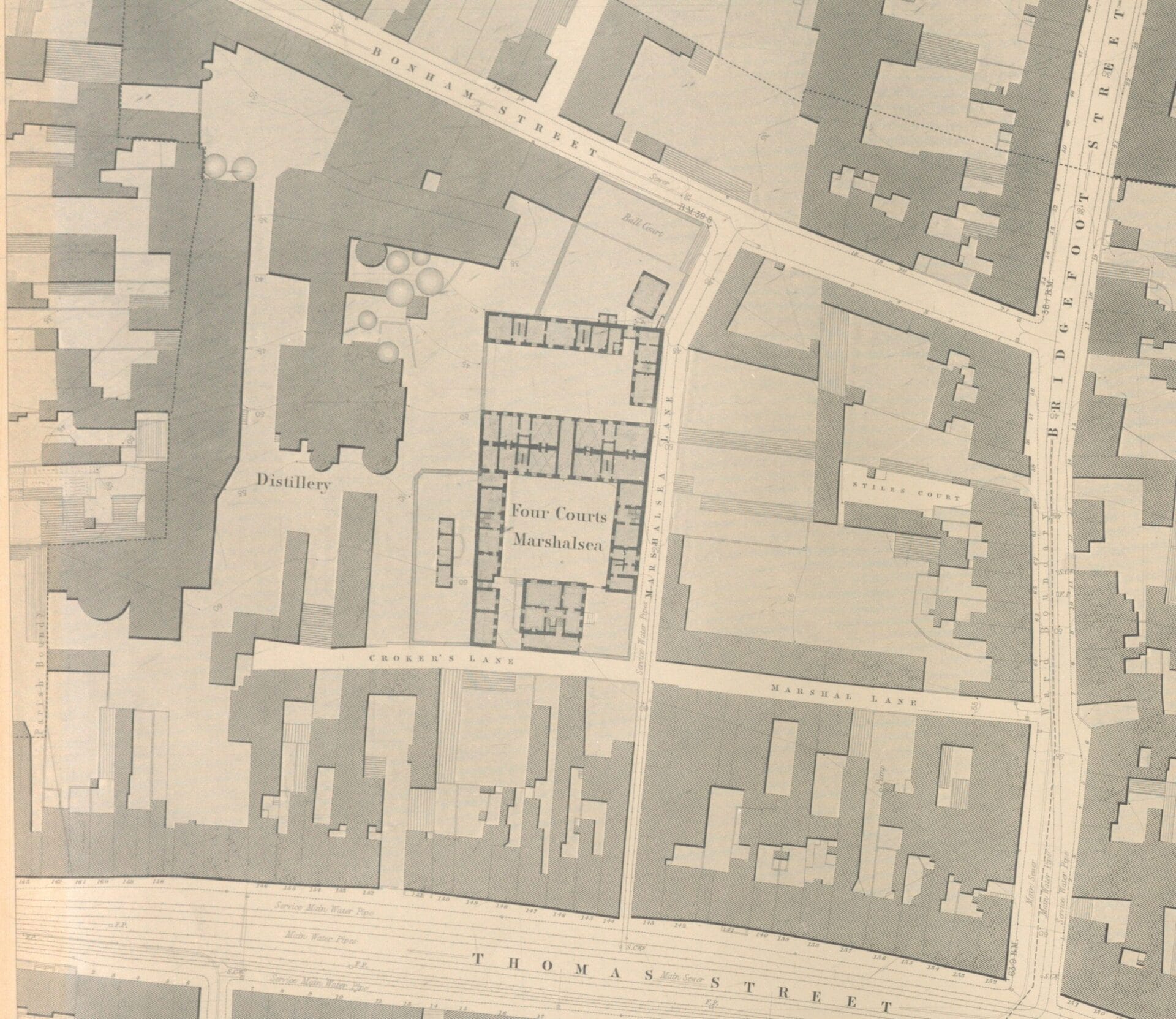 Part of the first edition Ordnance Survey 25 inch map of Dublin, published in 1847, showing the Marshalsea complex.
