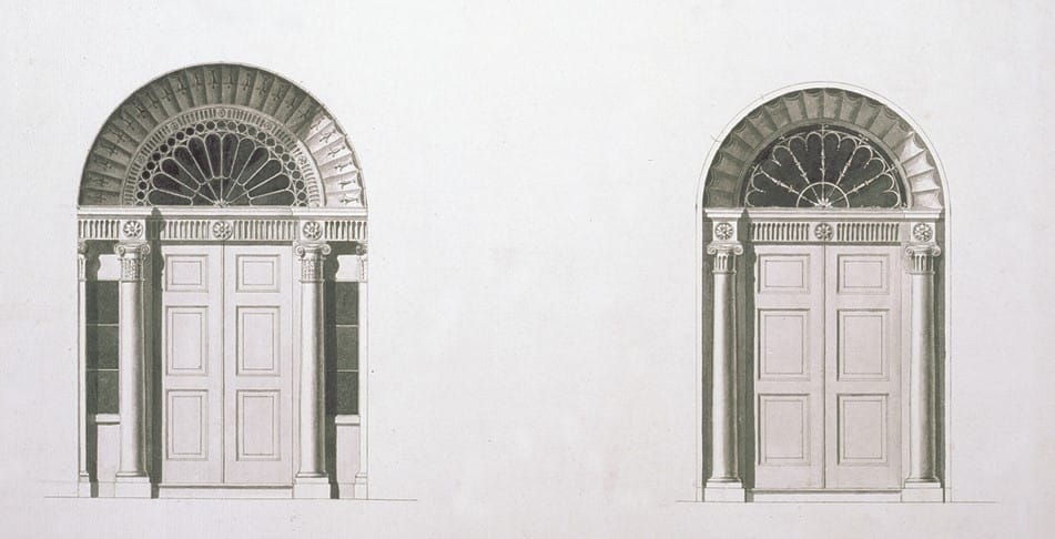 A drawing of two front doorcases.