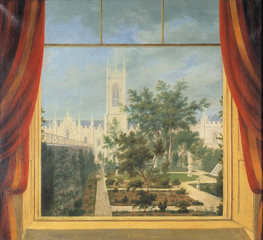 Oil painting of a view from the window of the garden of Francis Johnston's house with a gothic building in the distance.