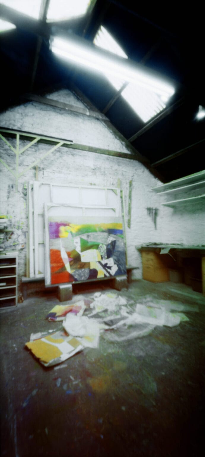 Slow exposure image of an artist's studio by Harry Moore.