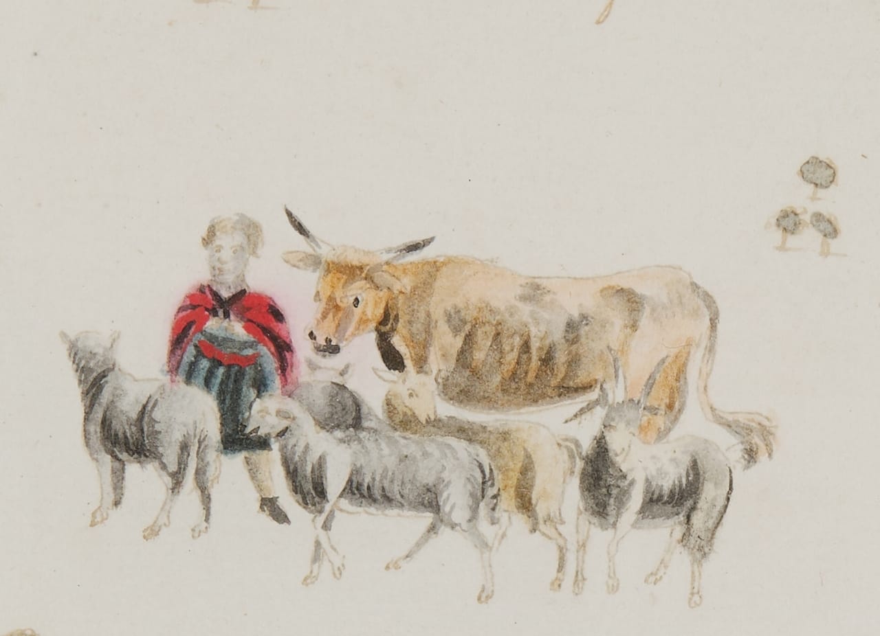 Deatail from A Plan of Dromana by Henry Jones from 1751 showing a herder in native garb with his cattle.