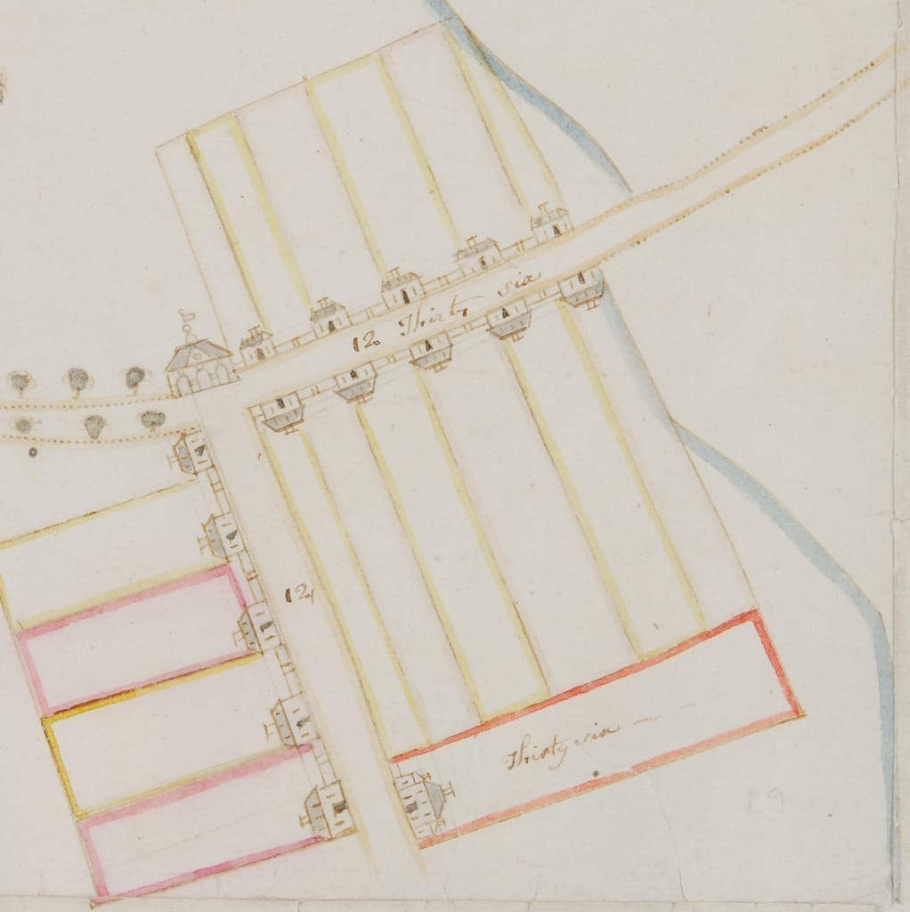Deatail from A Plan of Dromana by Henry Jones from 1751 showing plan of Villerstown, Co. Waterford.