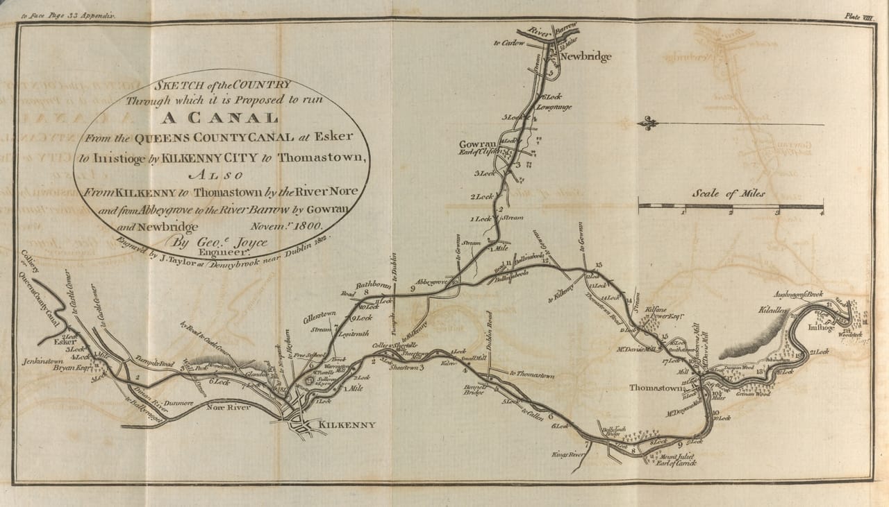 Map entiteld Sketch of the Country Through which it is Proposed to run a Canal…, engraved by J. Taylor, Dublin, in 1802.
