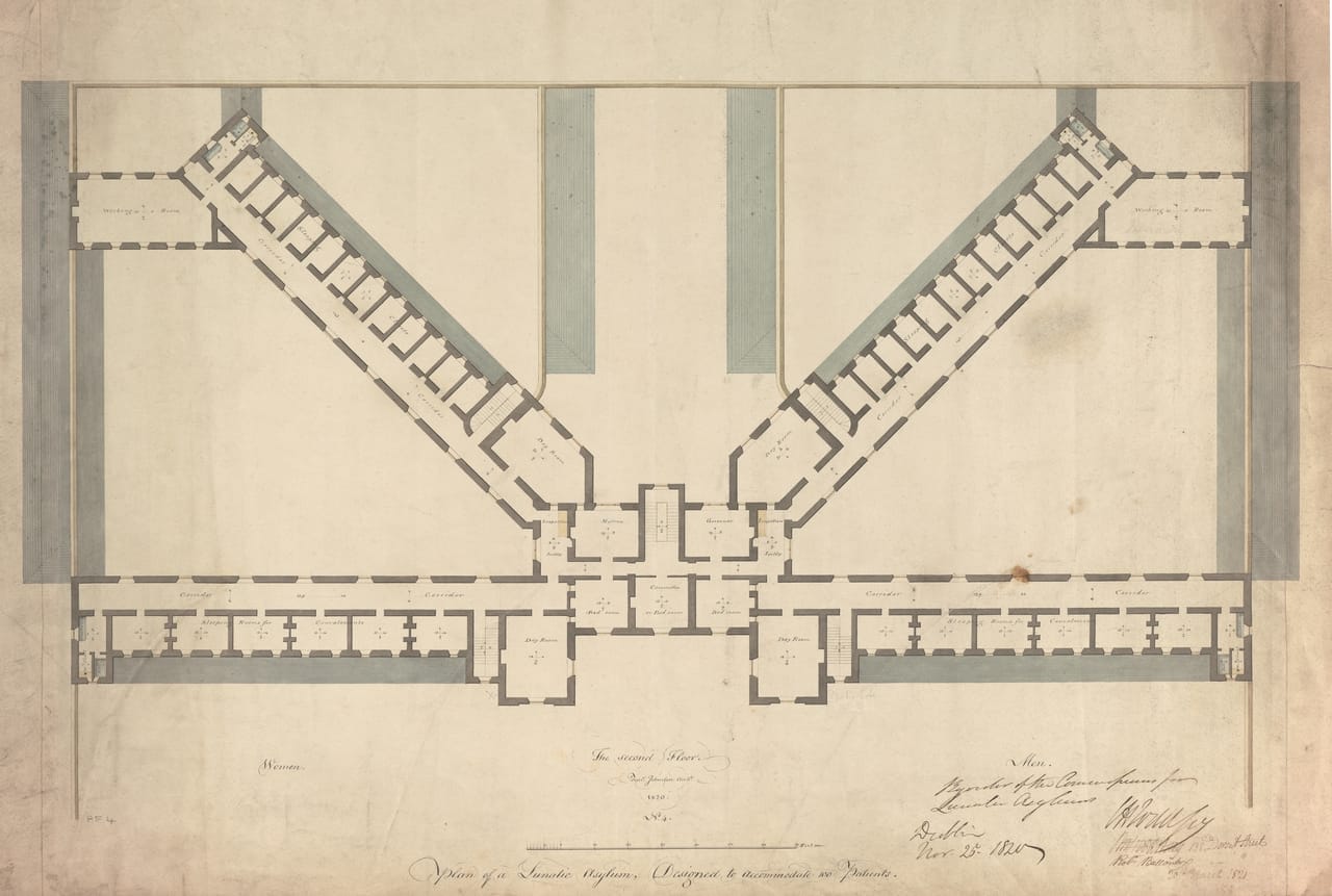 Plan by Francis Johnston of the Second Floor, Armagh Lunatic Asylum, 1820.