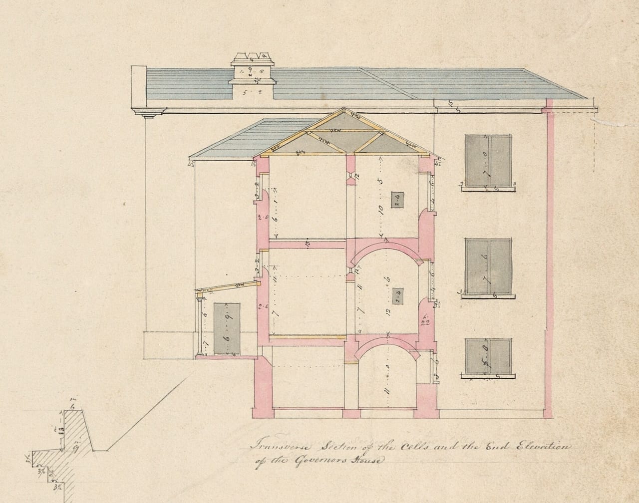 Drawong by Francis Johnston and William Murray showing the transverse section of the cells and the end elevation of the Governors House, Belfast Lunatic Asylum, 1827.