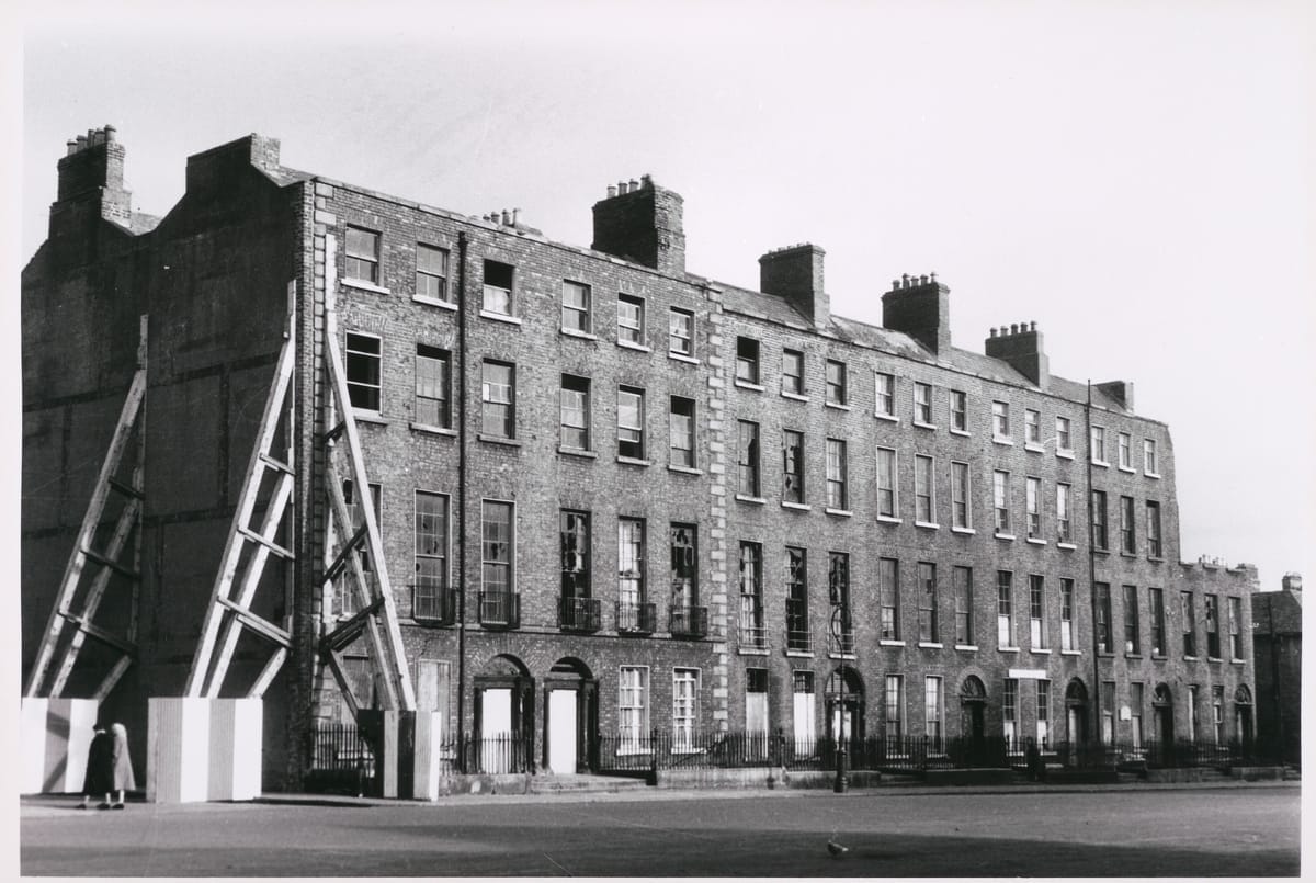 Photograph of Blackhall Street, Dublin, takenn by Paddy Healy in 1964. Blackhall Street was laid out in 1782 to create a vista of the Blue Coat School and was completed by 1800. None of these houses inthe photograph survived the street's redevelopment.