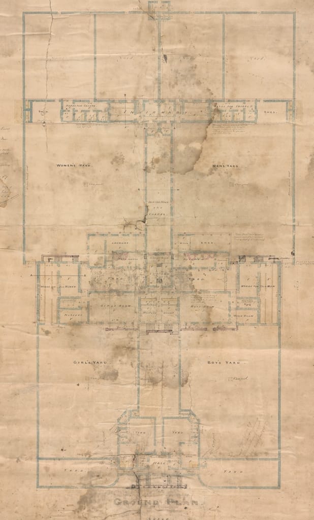 Architectural drawng by George Wilkinson whoing the Ground Plan, of Mallow Union Workhouse, Co. Cork, 1839.