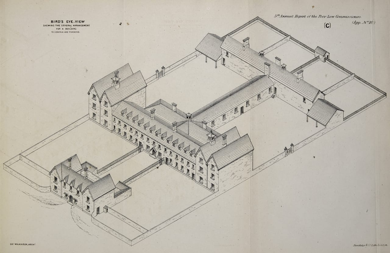 Architectural drawing by George Wilkinson showing a bird's eye view of a workhouse building to contain 800 people. The drawing was originally published in the Fifth Annual Report of the Poor Law Commissioners, 1837.