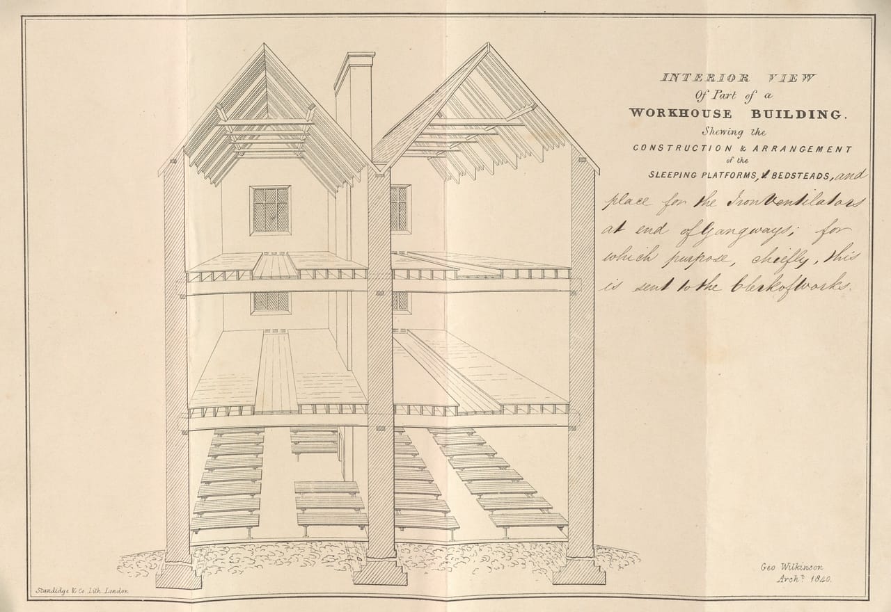 Printed architectural drawing by George Wilkinson showng an interior view of part of a workhouse building, 1840.