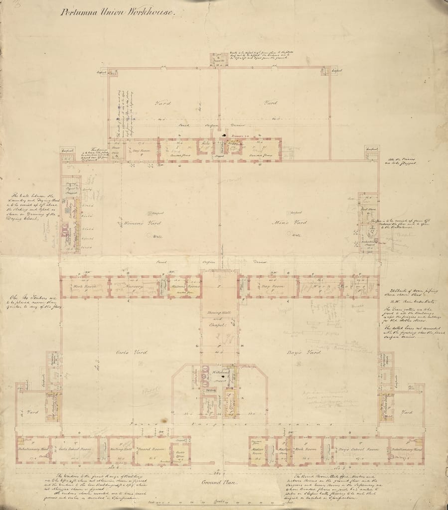 Architectural drawing by George Wilkinson showing the ground plan, Portumna Union Workhouse, Co. Galway, 1850.