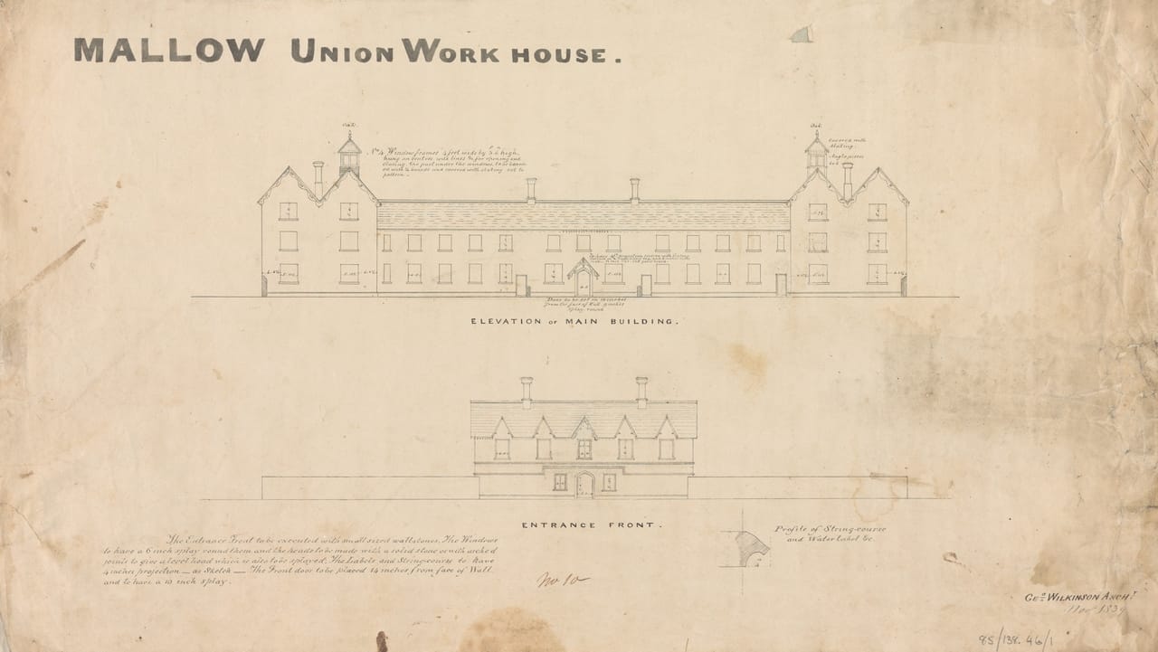 Architectural drawing by George Wilkinson showing the elevations of the front and main buildings of Mallow Union Workhouse, Co. Cork, 1839.