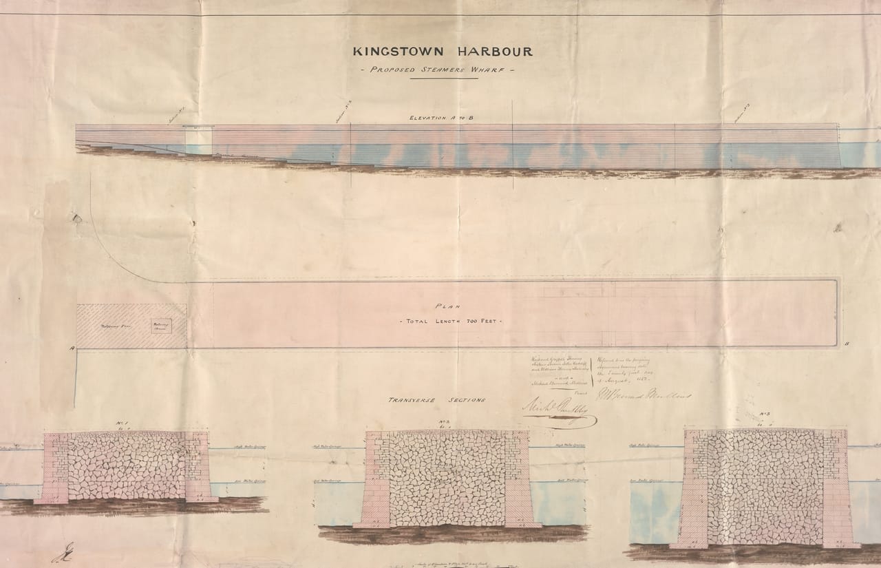 Contract architectural drawing for the building of a new steamers wharf in Kingstown Harbour, signed on 21 August 1852.
