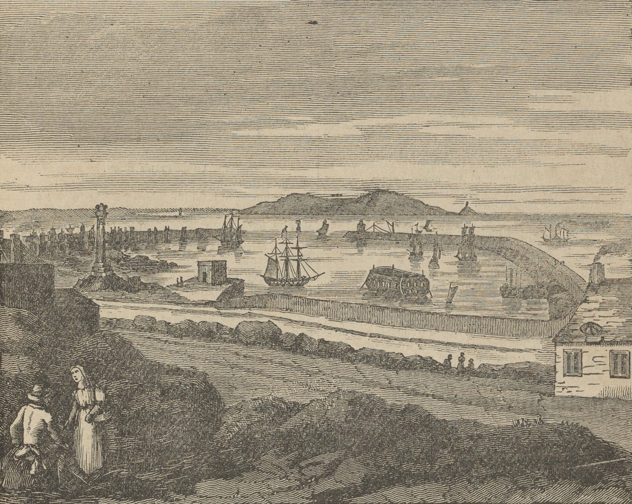 Engraving entitled ‘Kingstown Pier’ from the Dublin Penny Journal of 25 January 1834.