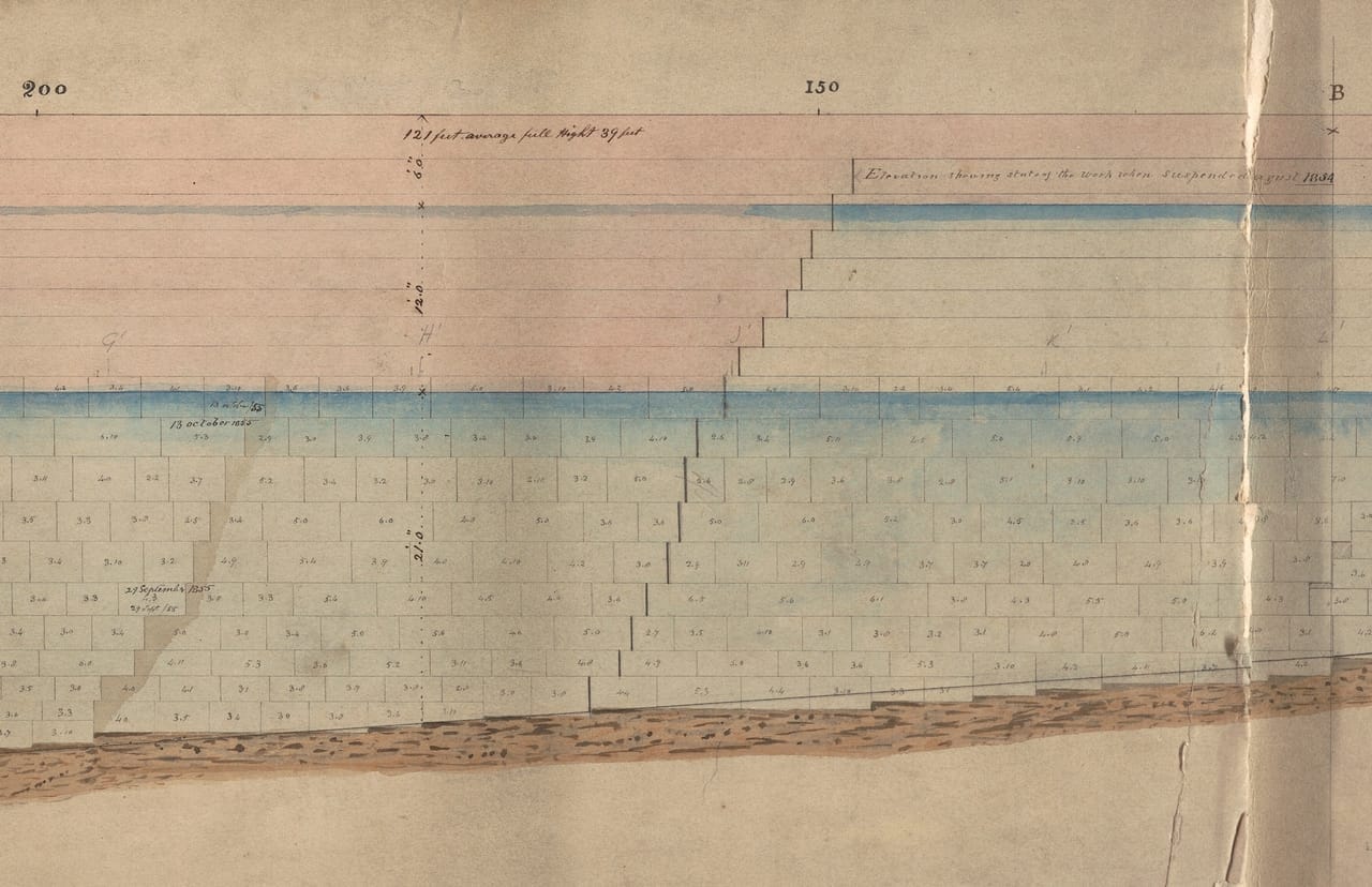 Deatail form an architectural drawing of the west side of the steamer’s wharf to be built in Dun Laoghaire Harbour.
