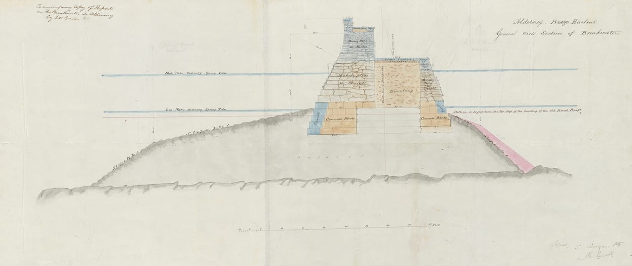 Architectural drawing showing the general cross section of the breakwater at Braye Harbour, Alderney. THe drawing was copied by Private S. Corrigan of the Royal Sappers and Miners in 1853. The original is in the UK National Archives, Kew, London.