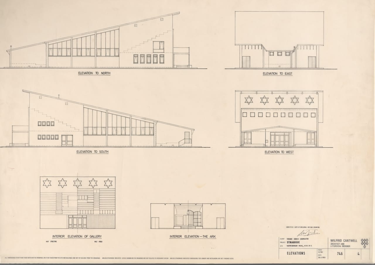 Architectural drawing by Wilfrid Cantwell of the Terenure Hebrew Congregation Synagogue, Rathfarnham Road, Dublin, dating from 1952.